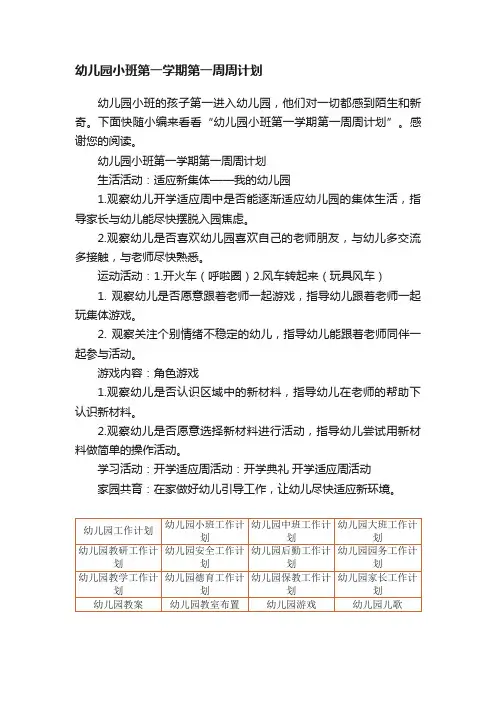 幼儿园小班第一学期第一周周计划