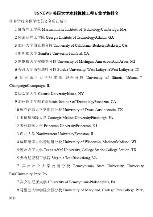 USNEWS美国大学本科机械工程专业学校排名