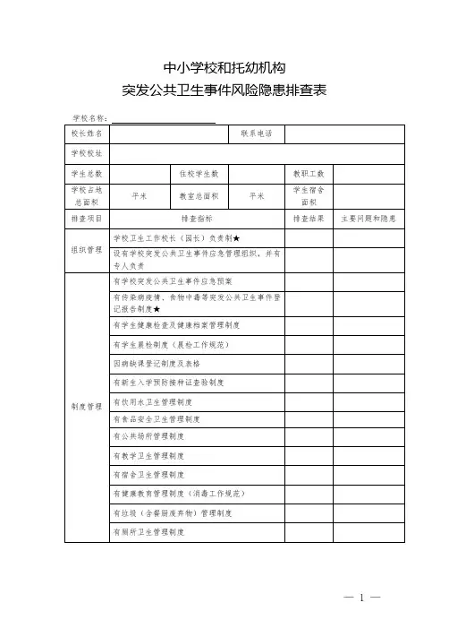 学校和托幼机构突发公共卫生事件风险隐患排查和视力健康管理排查表