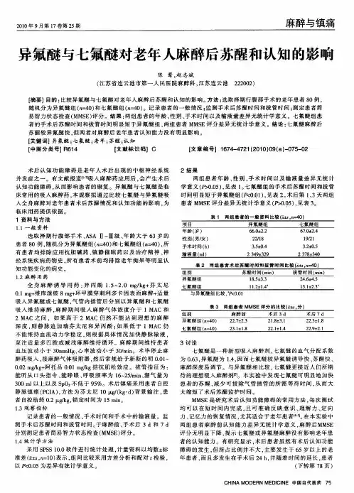 异氟醚与七氟醚对老年人麻醉后苏醒和认知的影响