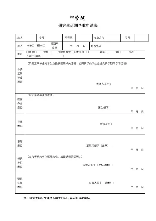 XX学院研究生延期毕业申请表【模板】