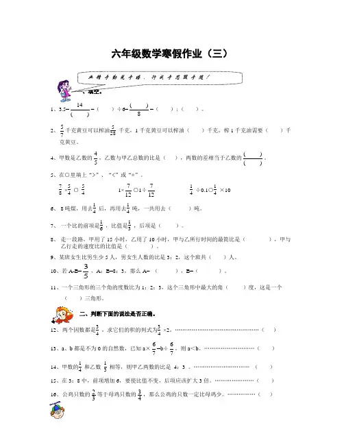 数学知识点射阳县明达双语实验小学六年级数学寒假作业(三)(1)-总结