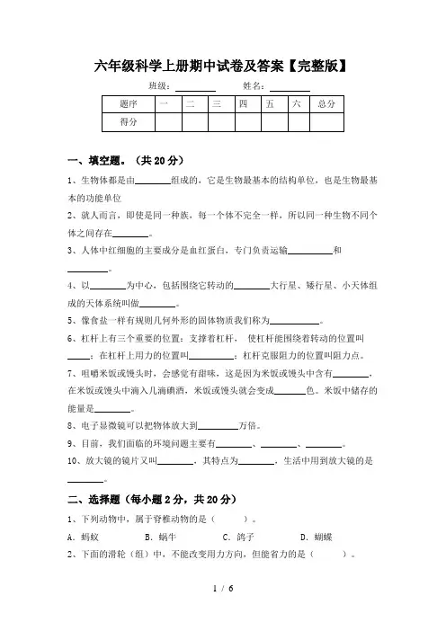 六年级科学上册期中试卷及答案【完整版】