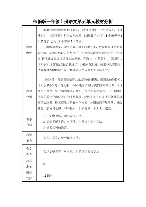 部编版一年级上册语文第五单元教材分析