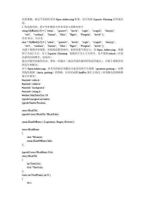 数据结构实验C语言实现散列表