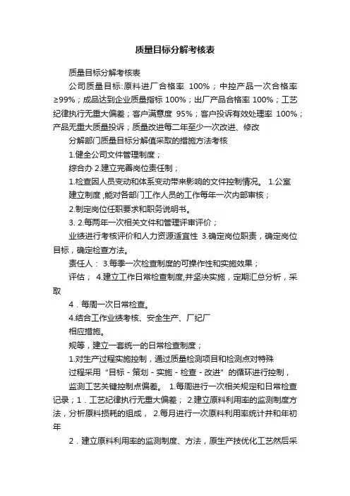 质量目标分解考核表