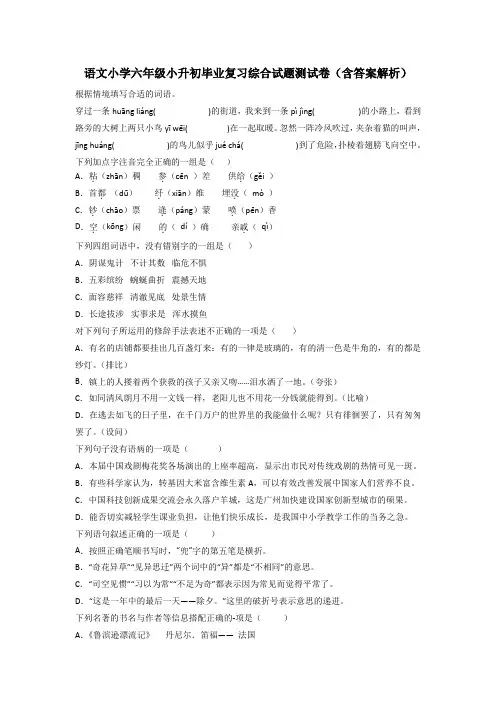 语文小学六年级小升初毕业复习综合试题测试卷(含答案解析)