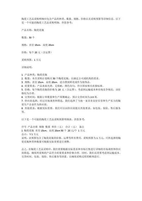 陶瓷工艺品采购明细