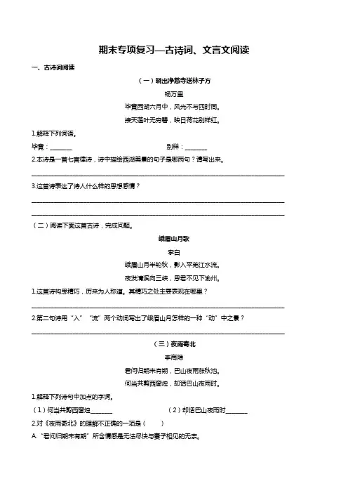 最新人教版部编版初中语文七年级上册 期末专项复习03—古诗词、文言文阅读