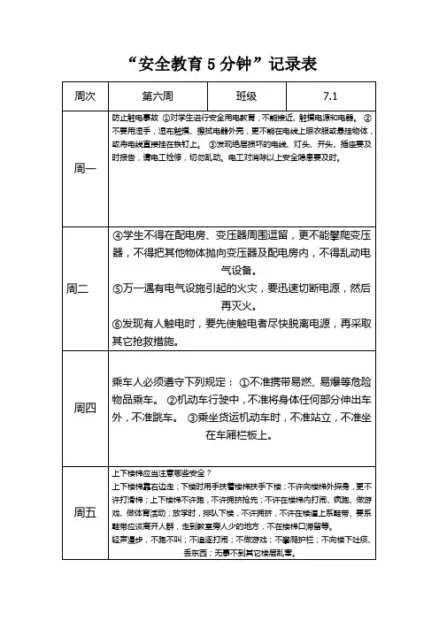 班级安全教育5分钟记录表7.1-6