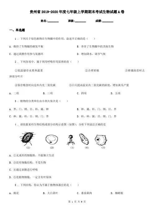 贵州省2019-2020年度七年级上学期期末考试生物试题A卷