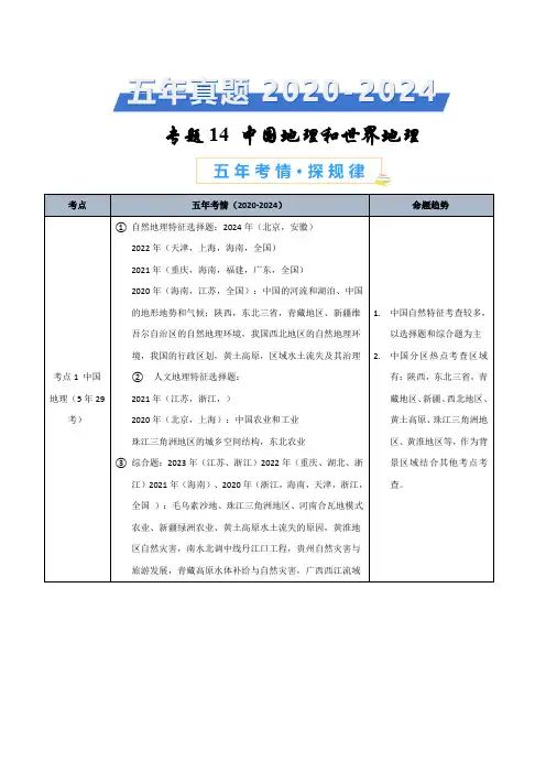2020-2024年高考地理5年真题汇编专题14世界地理和中国地理(学生版)