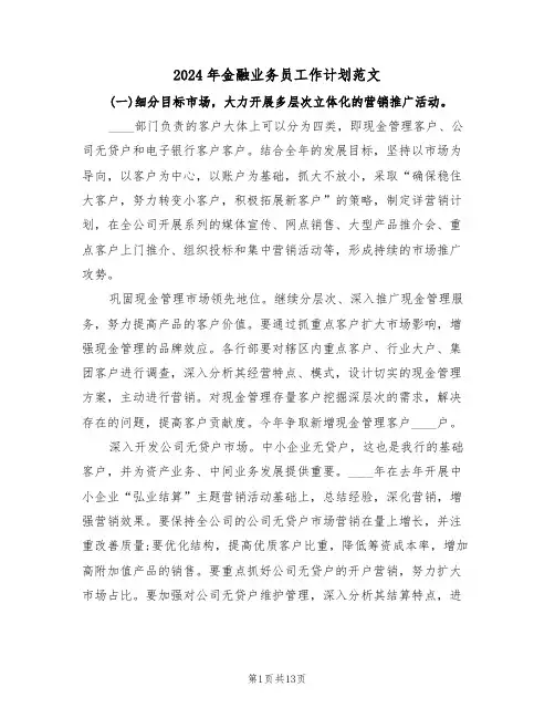 2024年金融业务员工作计划范文(五篇)