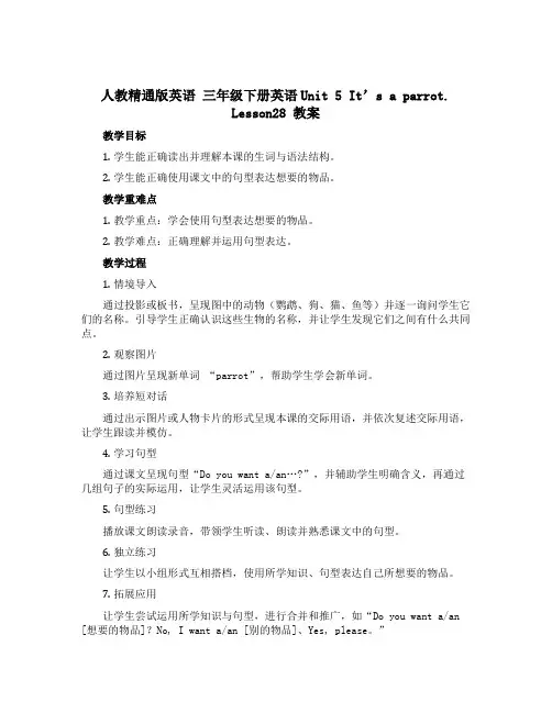 人教精通版英语 三年级下册英语Unit 5 It's a parrot. Lesson28 教案