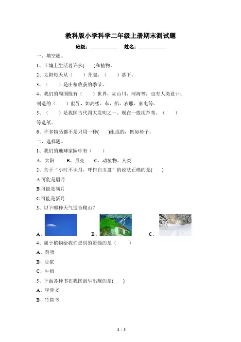 教科版二年级上册科学期末测试题(含答案)