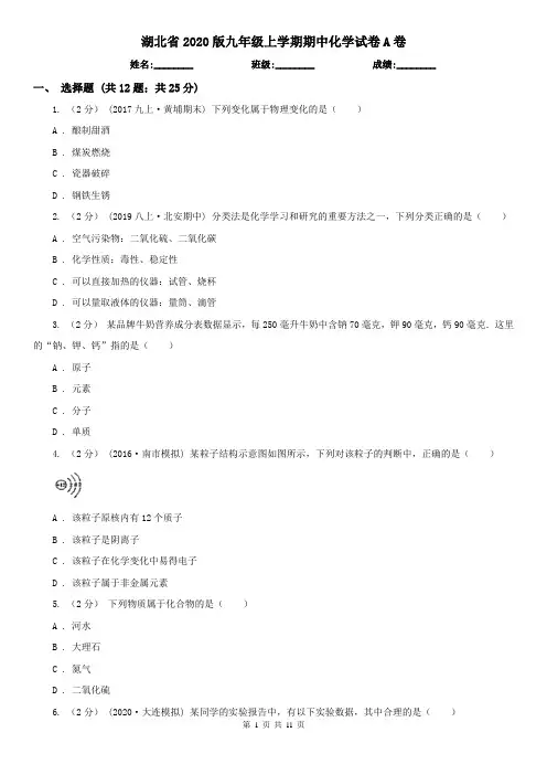 湖北省2020版九年级上学期期中化学试卷A卷(精编)