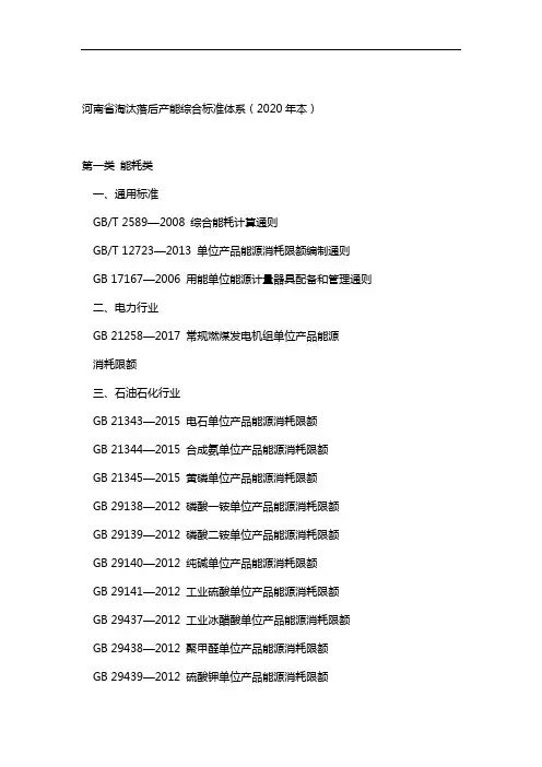 河南省淘汰落后产能综合标准体系2020年本