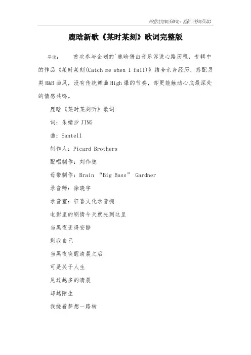 鹿晗新歌《某时某刻》歌词完整版