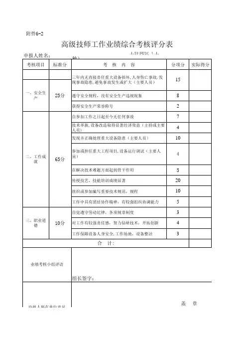 高级技师工作业绩综合考核评价系列表