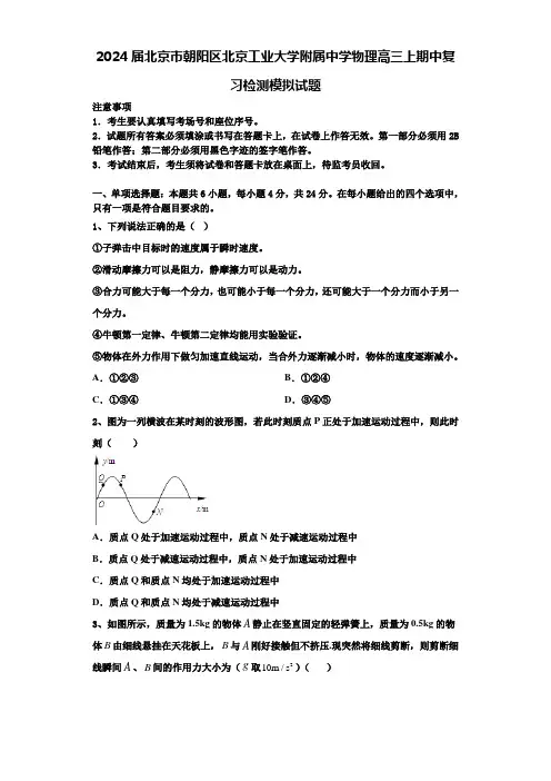 2024届北京市朝阳区北京工业大学附属中学物理高三上期中复习检测模拟试题含解析
