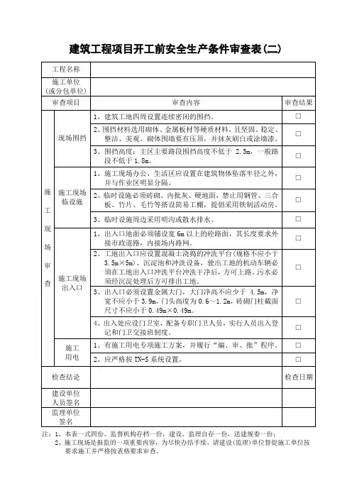 建筑工程项目开工前安全生产条件审查表(二)