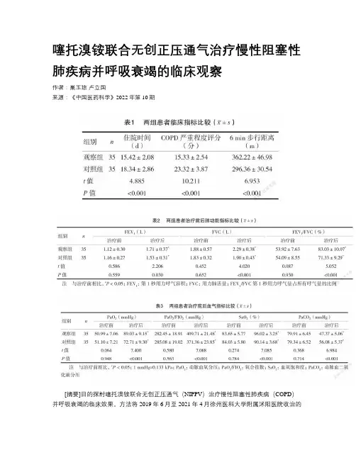 噻托溴铵联合无创正压通气治疗慢性阻塞性肺疾病并呼吸衰竭的临床观察