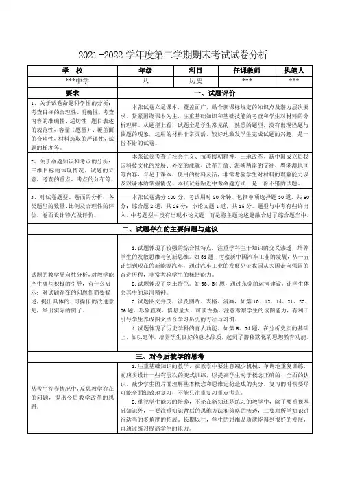 人教版八年级历史下册期末试卷质量分析