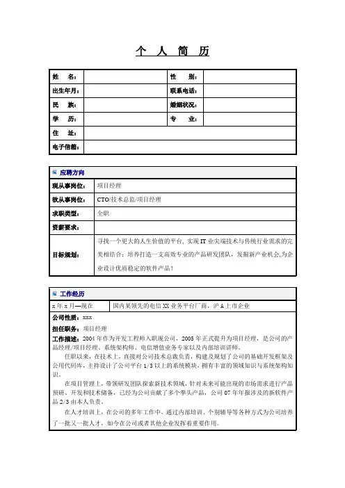 IT电信行业项目经理个人简历