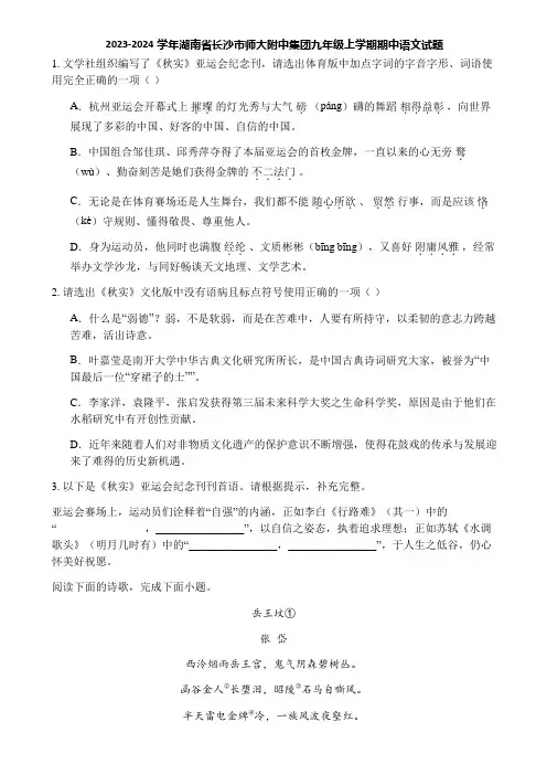 2023-2024学年湖南省长沙市师大附中集团九年级上学期期中语文试题