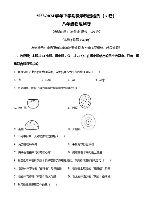 福建省漳州市2023-2024学年八年级下学期6月期末物理试题