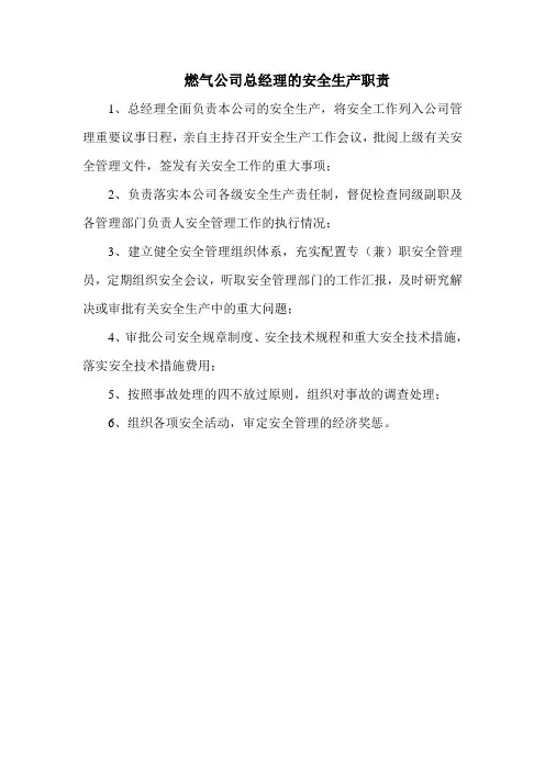 燃气公司总经理的安全生产职责(标准版)