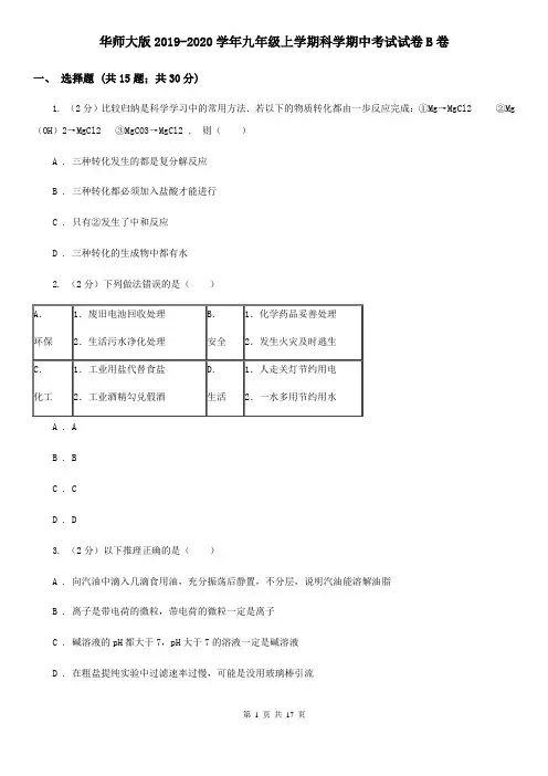 华师大版2019-2020学年九年级上学期科学期中考试试卷B卷