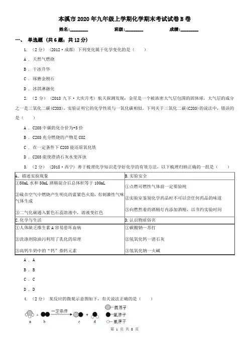 本溪市2020年九年级上学期化学期末考试试卷B卷