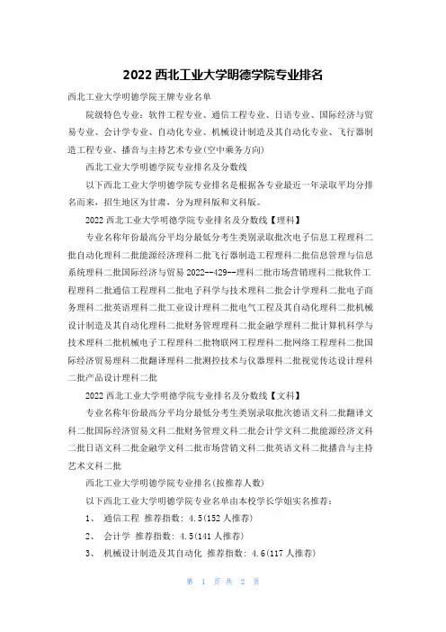 2022西北工业大学明德学院专业排名