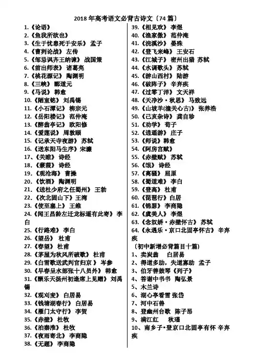 2018年高考语文必背古诗文