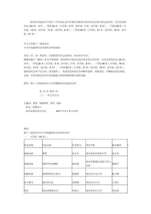 第十二届泉州市中小学电脑制作活动获奖名单