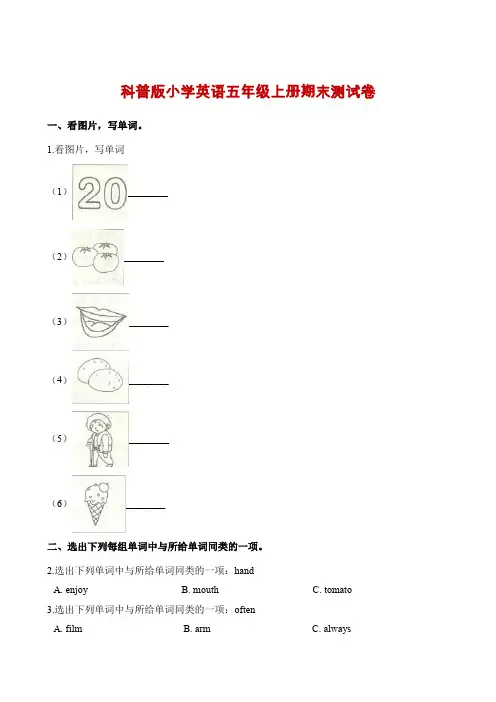 五年级上册英语试题-期末测试卷  科普版(三起)(含解析)
