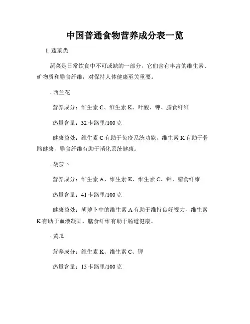 中国普通食物营养成分表一览
