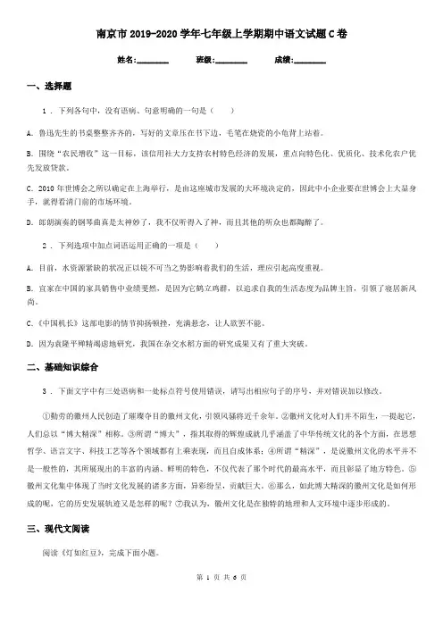 南京市2019-2020学年七年级上学期期中语文试题C卷