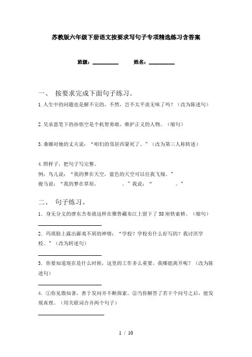 苏教版六年级下册语文按要求写句子专项精选练习含答案