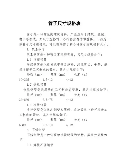 管子尺寸规格表