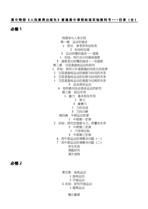 高中物理《人民教育出版社》普通高中课程标准实验教科书---目录(全)
