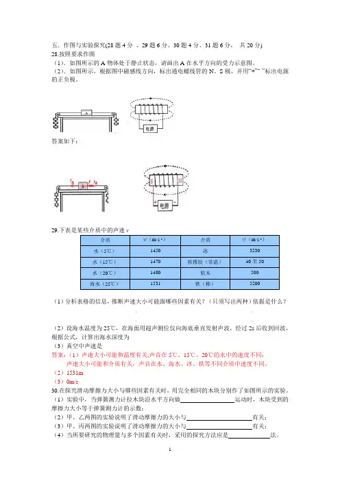 2015年物理中考模拟作图与实验探究题训练及其答案5