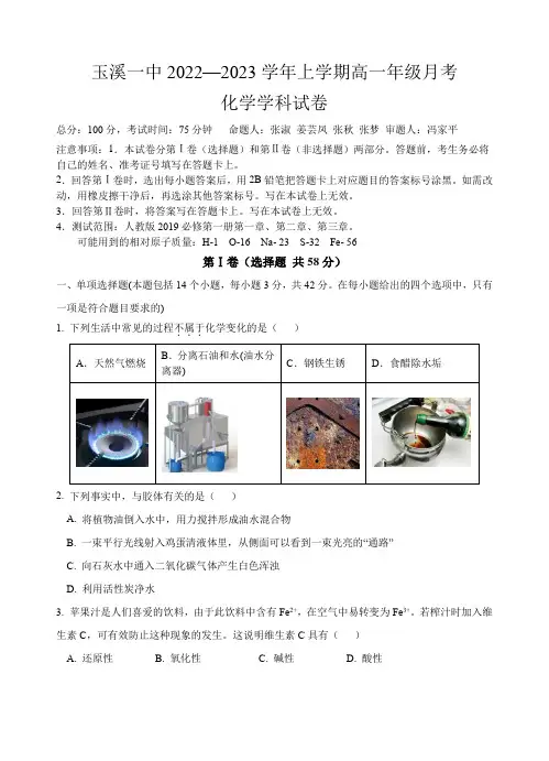 云南省玉溪市一中高一上学期月考化学试题
