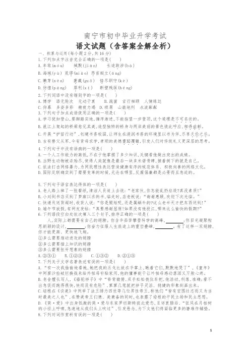 广西南宁语文中考试卷(试卷+答案)