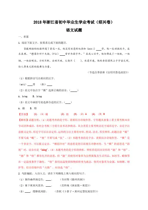 精品解析：浙江省绍兴市2018年中考语文试题(解析版)