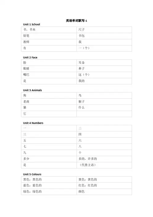 人教新起点版小学英语一年级上册单词默写