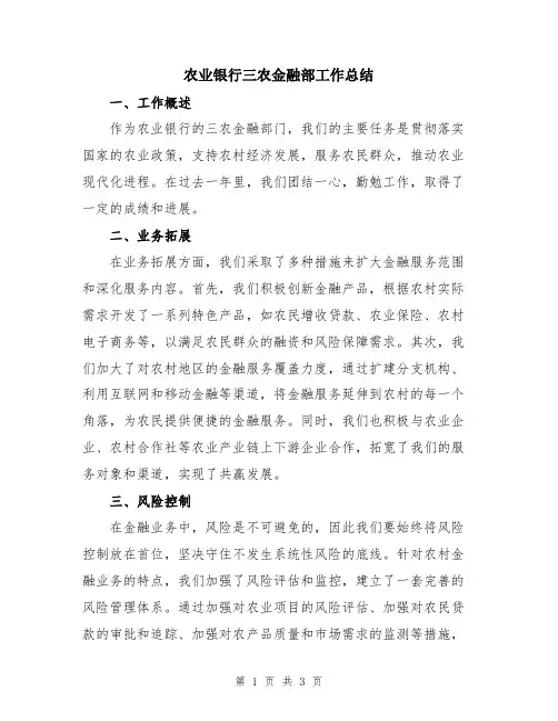 农业银行三农金融部工作总结