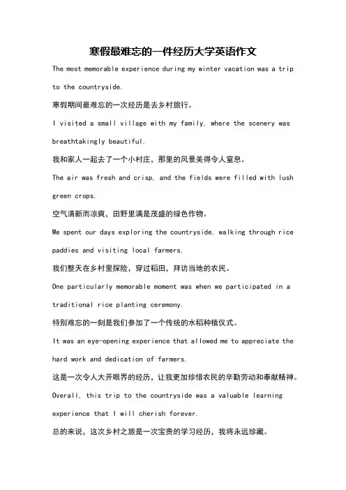 寒假最难忘的一件经历大学英语作文
