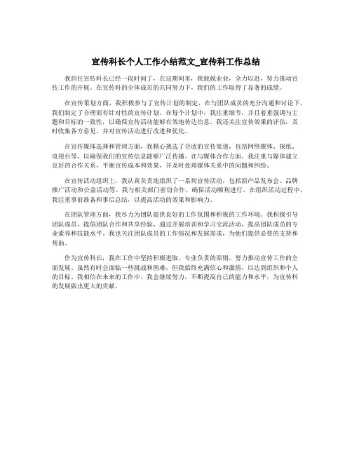宣传科长个人工作小结范文_宣传科工作总结